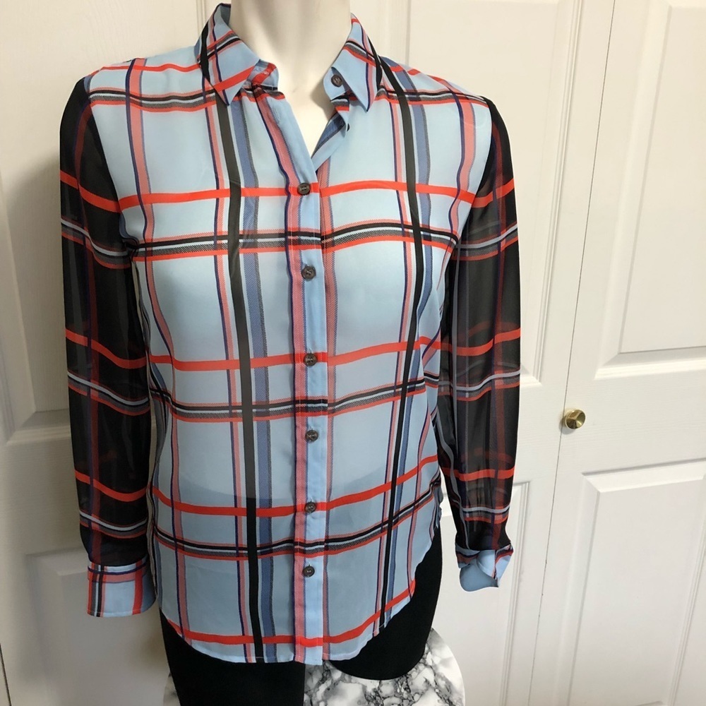 Vince Camuto two-toned plaid sheer blouse sz. S